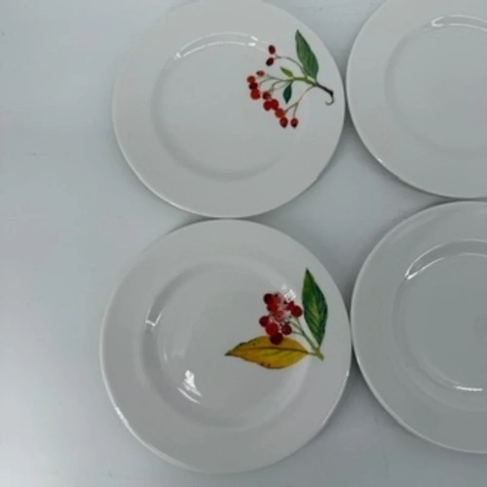Crate & Barrel Mary Woodin Winter Berry Appetizer Plates Set of 6 White 6.25in
